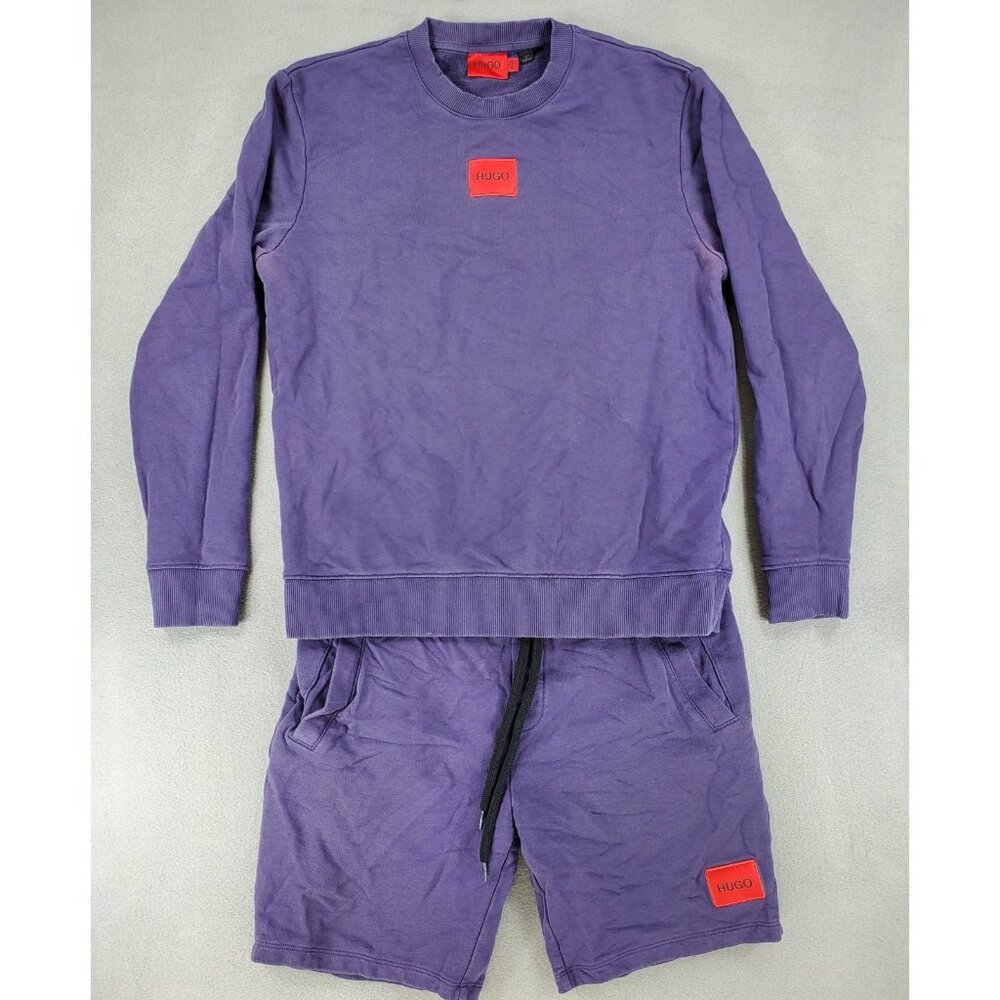 Hugo Boss Purple Crewneck Sweatshirt and Shorts Set with Red Logo Patches